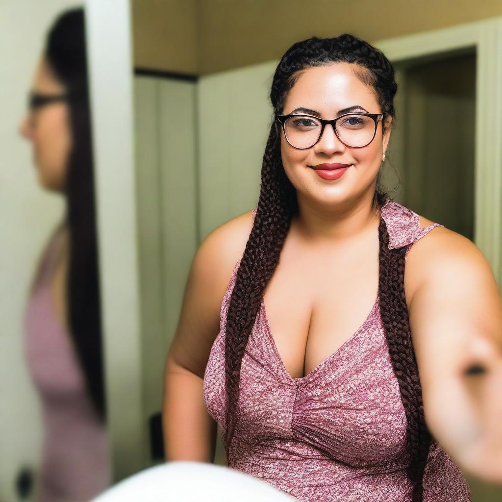 A young, overweight Latin woman, around 31 years old, with an unattractive face, wearing glasses and Viking braids, poses taking a selfie in front of a mirror