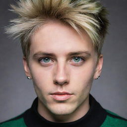 An emo guy with blonde short, spiked hair, slight beard stubble and small silver earrings. He has vivid green hunter eyes accentuated with black eye shadow and is wearing an oversized striped green and black sweater.