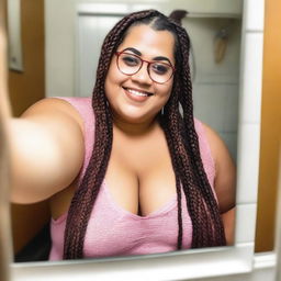 A young, overweight Latin woman, around 31 years old, with an unattractive face, wearing glasses and Viking braids, poses taking a selfie in front of a mirror