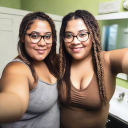 A young, overweight Latin woman, around 31 years old, with an unattractive face, wearing glasses and Viking braids, poses taking a selfie in front of a mirror