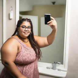 A young, overweight Latin woman, around 31 years old, with an unattractive face, wearing glasses and Viking braids, poses taking a selfie in front of a mirror