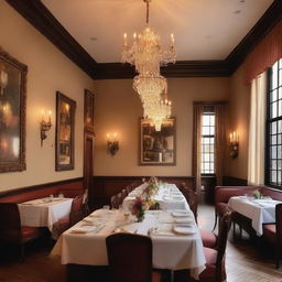 A romantic Italian restaurant interior featuring elegant decor, soft lighting, and cozy seating