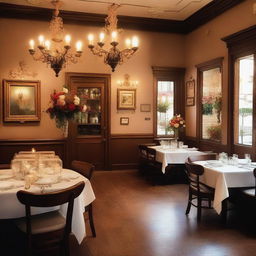 A romantic Italian restaurant interior featuring elegant decor, soft lighting, and cozy seating