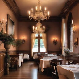 A romantic Italian restaurant interior featuring elegant decor, soft lighting, and cozy seating