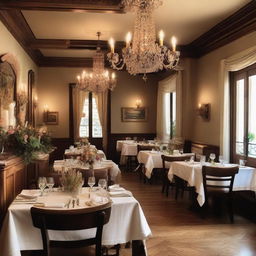 A romantic Italian restaurant interior featuring elegant decor, soft lighting, and cozy seating