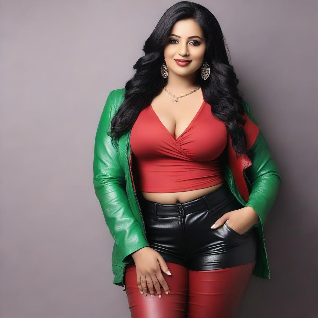 A beautiful Indian woman with a fuller figure is wearing tight leather black pants, a green bra, and a red jacket