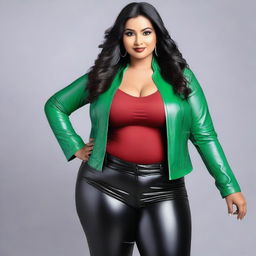 A beautiful Indian woman with a fuller figure is wearing tight leather black pants, a green bra, and a red jacket