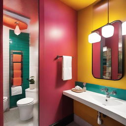 A vibrant and colorful restaurant bathroom with modern fixtures