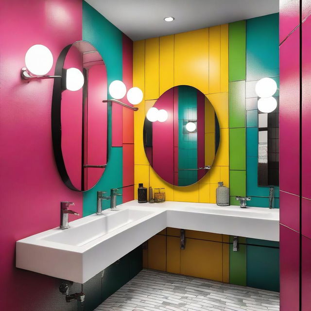 A vibrant and colorful restaurant bathroom with modern fixtures