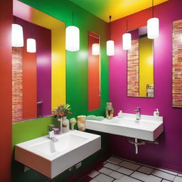 A vibrant and colorful restaurant bathroom with modern fixtures