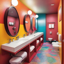 A vibrant and colorful restaurant bathroom with modern fixtures