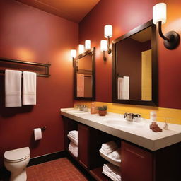 A cozy and inviting restaurant bathroom with warm colors