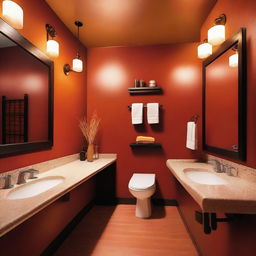 A cozy and inviting restaurant bathroom with warm colors