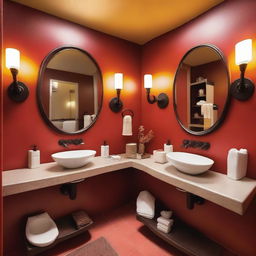 A cozy and inviting restaurant bathroom with warm colors