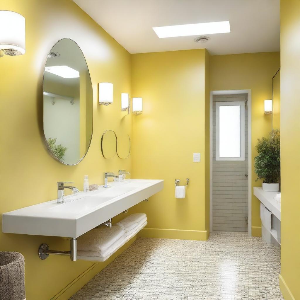 A bright and airy restaurant bathroom with light yellow walls