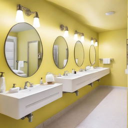 A bright and airy restaurant bathroom with light yellow walls