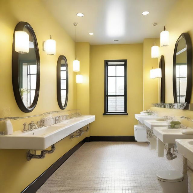 A bright and airy restaurant bathroom with light yellow walls