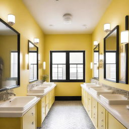 A bright and airy restaurant bathroom with light yellow walls