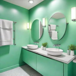 A fresh and cool restaurant bathroom with mint green walls