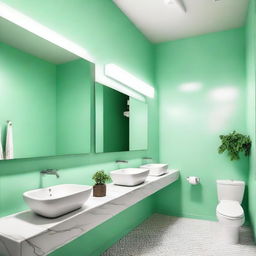 A fresh and cool restaurant bathroom with mint green walls