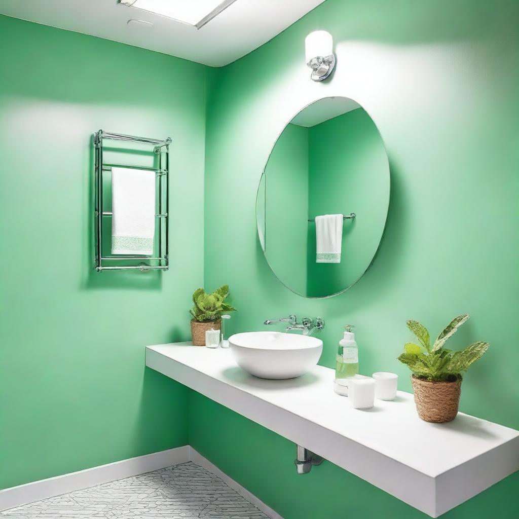 A fresh and cool restaurant bathroom with mint green walls