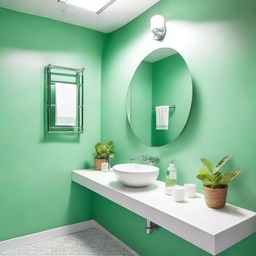 A fresh and cool restaurant bathroom with mint green walls