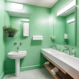 A fresh and cool restaurant bathroom with mint green walls