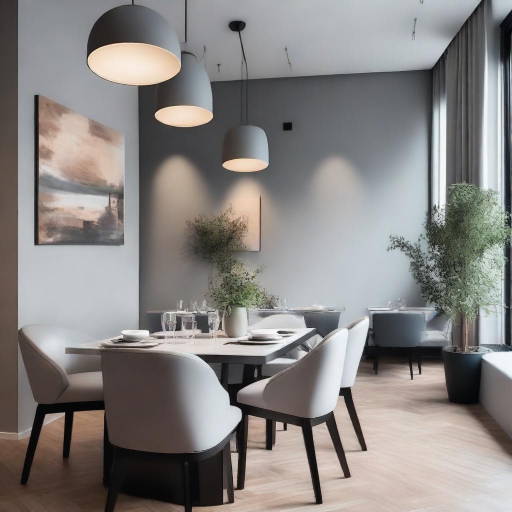 A warm and inviting restaurant dining room with light gray walls