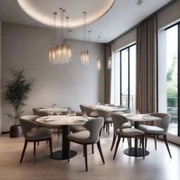 A warm and inviting restaurant dining room with light gray walls