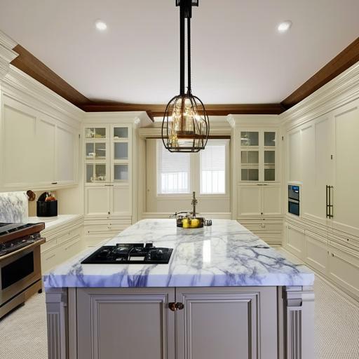 An intricately designed, spacious kitchen detailing the dimensions: ceiling height, countertop length and width, size of the center island, distance between appliances. Features include stainless steel appliances, marble countertops, and ambient lighting fixtures.