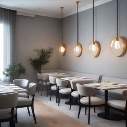 A warm and inviting restaurant dining room with light gray walls