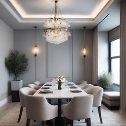 A warm and inviting restaurant dining room with light gray walls