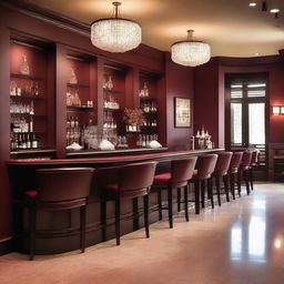 An elegant restaurant bar with dark red (burgundy) walls