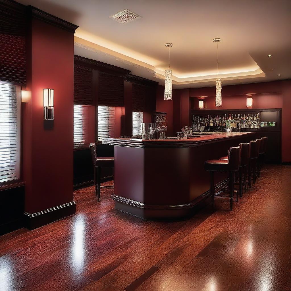 An elegant restaurant bar with dark red (burgundy) walls