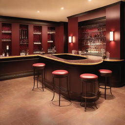 An elegant restaurant bar with dark red (burgundy) walls