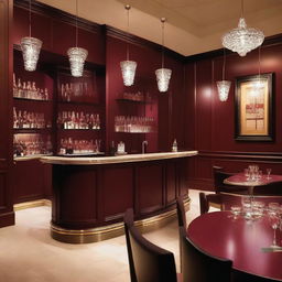 An elegant restaurant bar with dark red (burgundy) walls