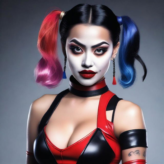 A provocative and stylish depiction of an Asian woman dressed as Harley Quinn