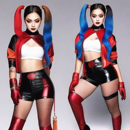 A provocative and stylish depiction of an Asian woman dressed as Harley Quinn