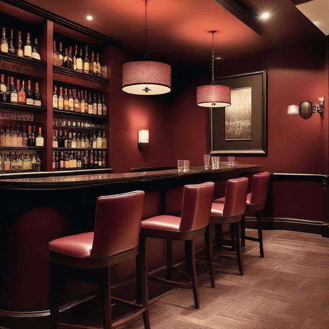 An elegant and romantic restaurant bar with dark red (burgundy) walls