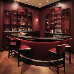 An elegant and romantic restaurant bar with dark red (burgundy) walls