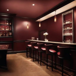 An elegant and romantic restaurant bar with dark red (burgundy) walls