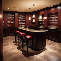 An elegant and romantic restaurant bar with dark red (burgundy) walls