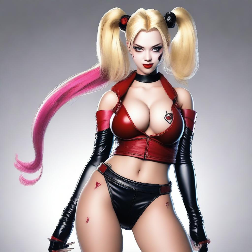 A realistic depiction of a sexy blonde Japanese woman wearing a revealing and provocative Harley Quinn costume