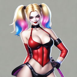 A realistic depiction of a sexy blonde Japanese woman wearing a revealing and provocative Harley Quinn costume