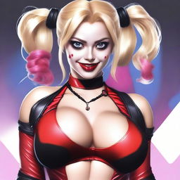 A realistic depiction of a sexy blonde Japanese woman wearing a revealing and provocative Harley Quinn costume