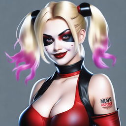 A realistic depiction of a sexy blonde Japanese woman wearing a revealing and provocative Harley Quinn costume