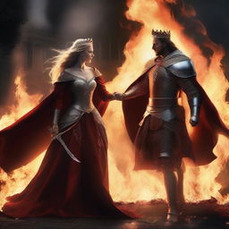 A dramatic scene of a king and queen fighting with fire