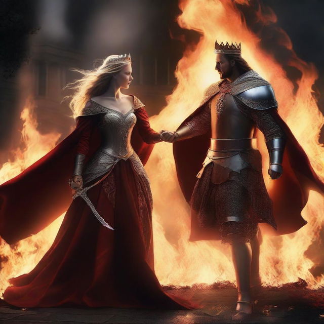 A dramatic scene of a king and queen fighting with fire