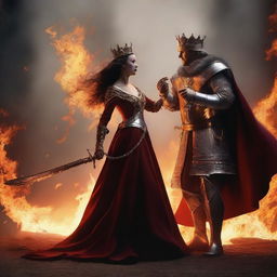 A dramatic scene of a king and queen fighting with fire