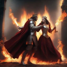 A dramatic scene of a king and queen fighting with fire